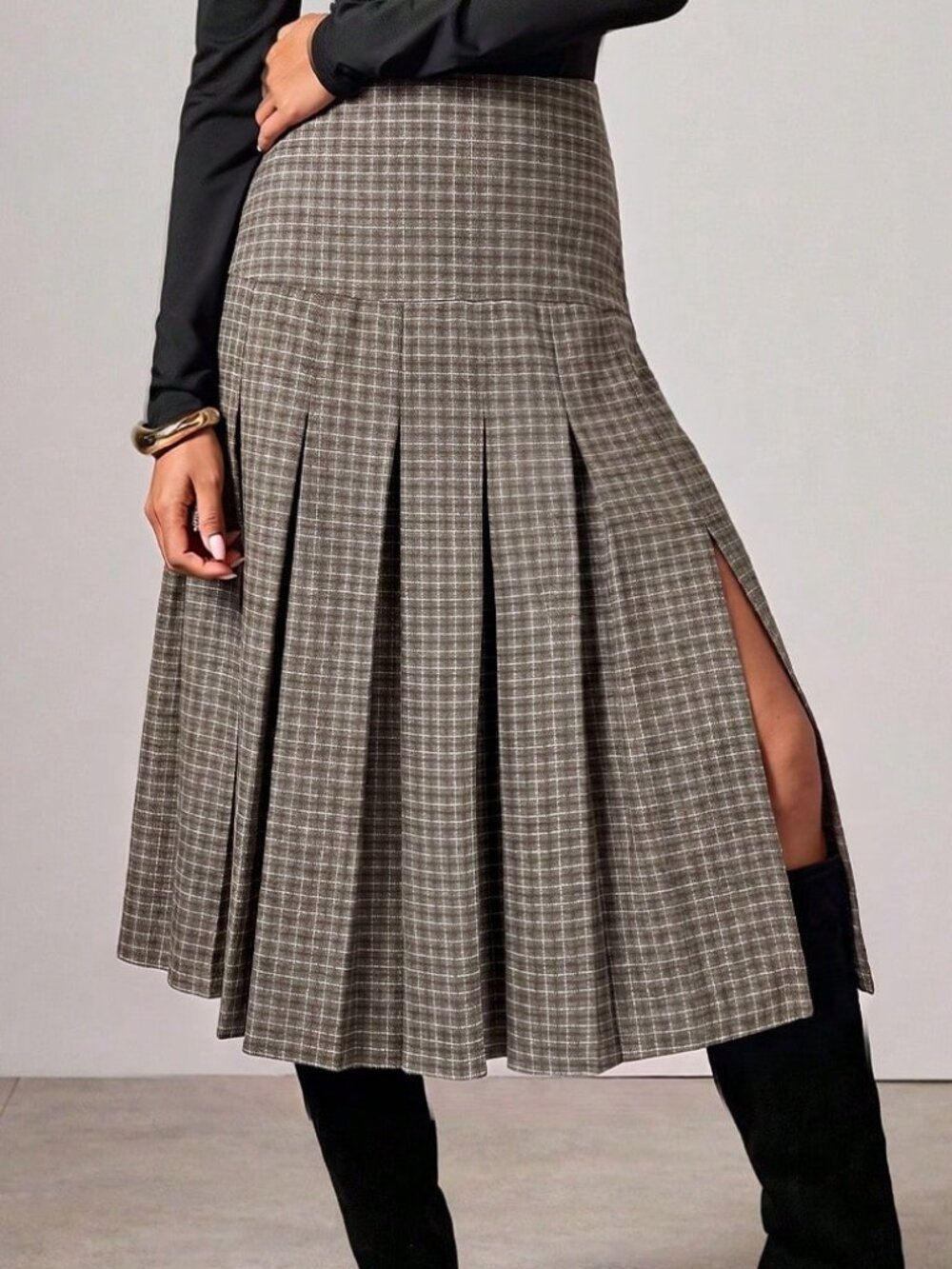 Brown Elegant Women's Plaid Pleated Midi Skirt - Picture 6 of 6